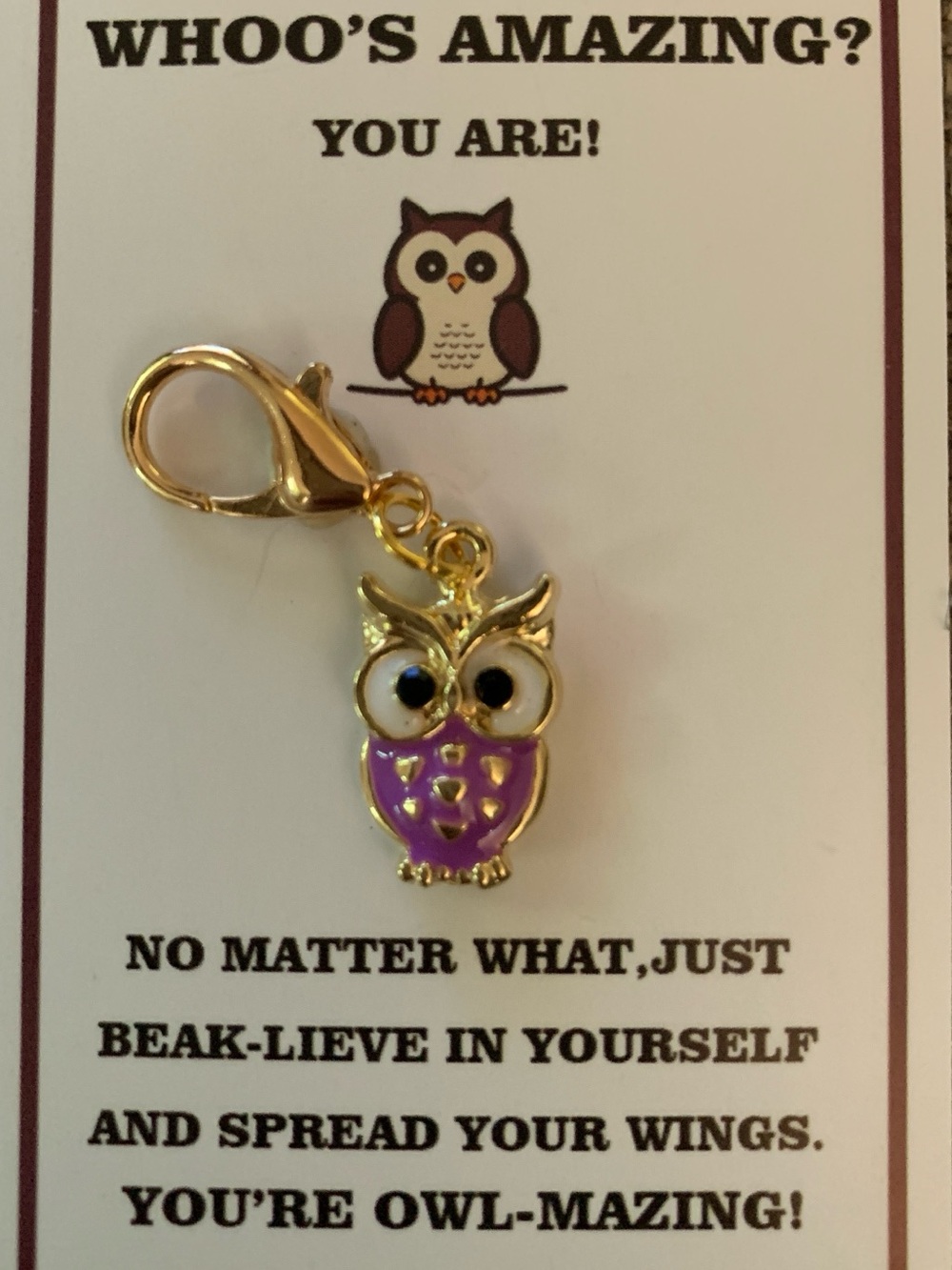 Gold Wise Owl Charm Keychain with Purple Enamel